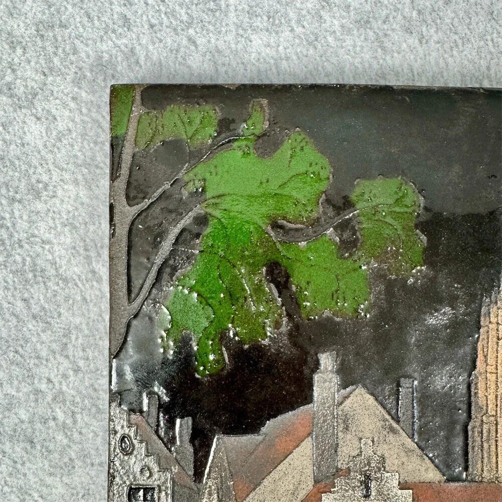 Vintage Hand-Painted Decorative Tile Plaque European Village Church Scene